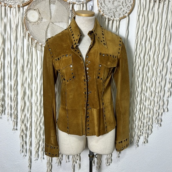 Vintage | Essendi Rich Brown Suede Snap Front Shirt Jacket with Grommet Detail - Picture 1 of 12